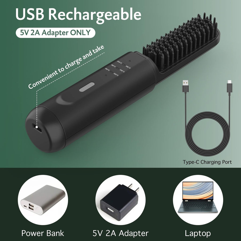 Cordless Beard Straightener Heated Brush for Travel & Home - Ionic, Adjustable Temp