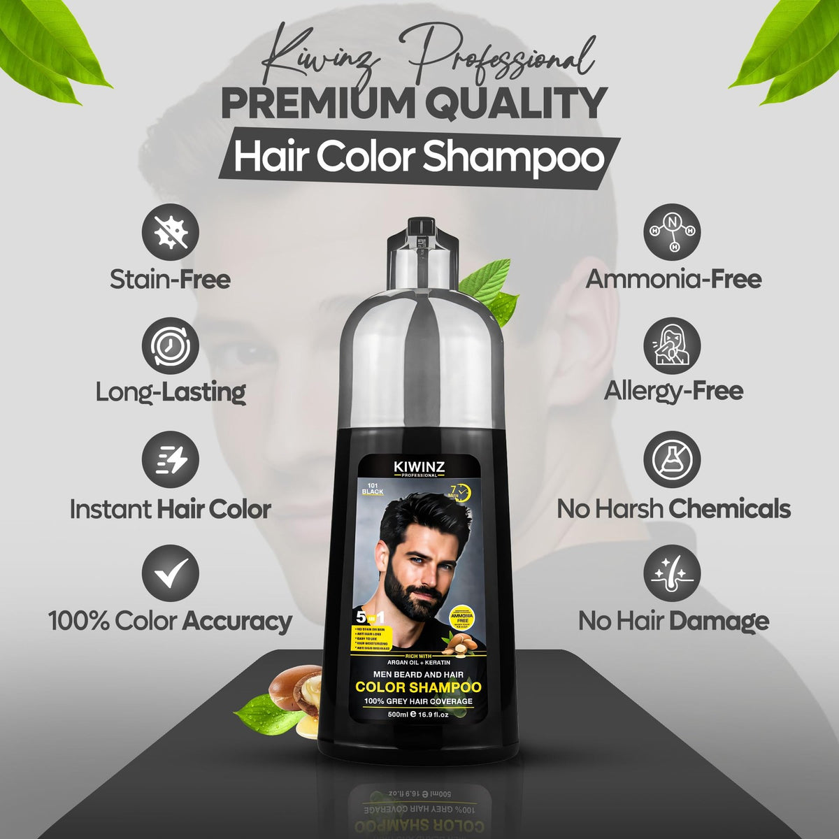 Black Hair Color Shampoo for Men - 5 in 1 Grey Hair Dye, Natural & Ammonia-Free - 500ml
