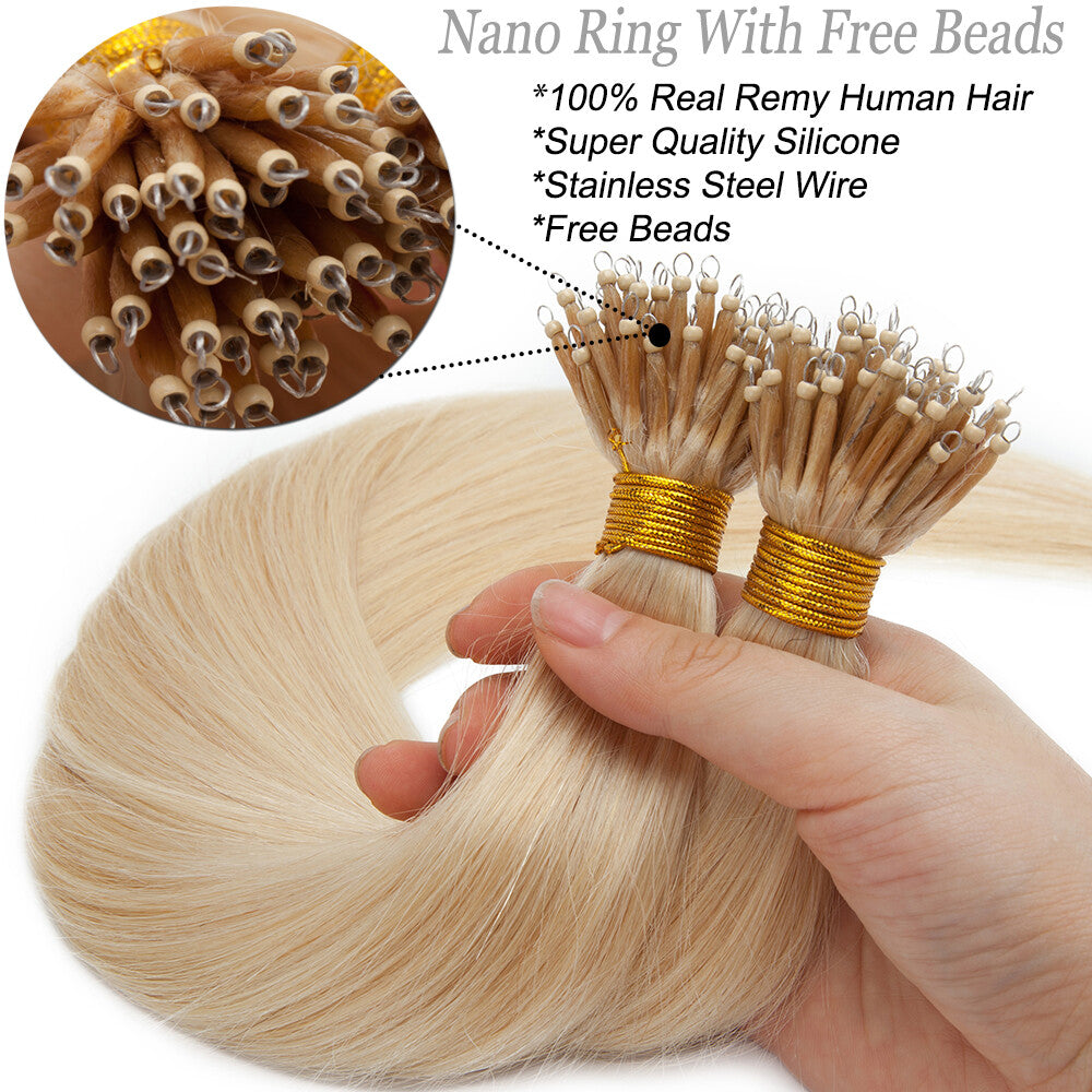 Nano Ring Hair Extensions Micro Loop Link Beads Remy Human Hair Thick 16-24 Inch