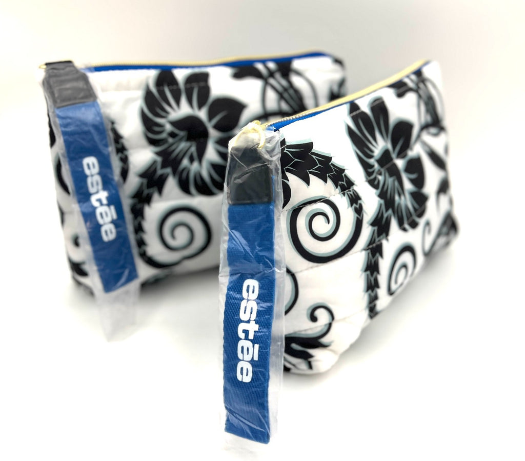 Black & White Makeup Bag with Handle - Fluffy Flower Print, Estée Lauder