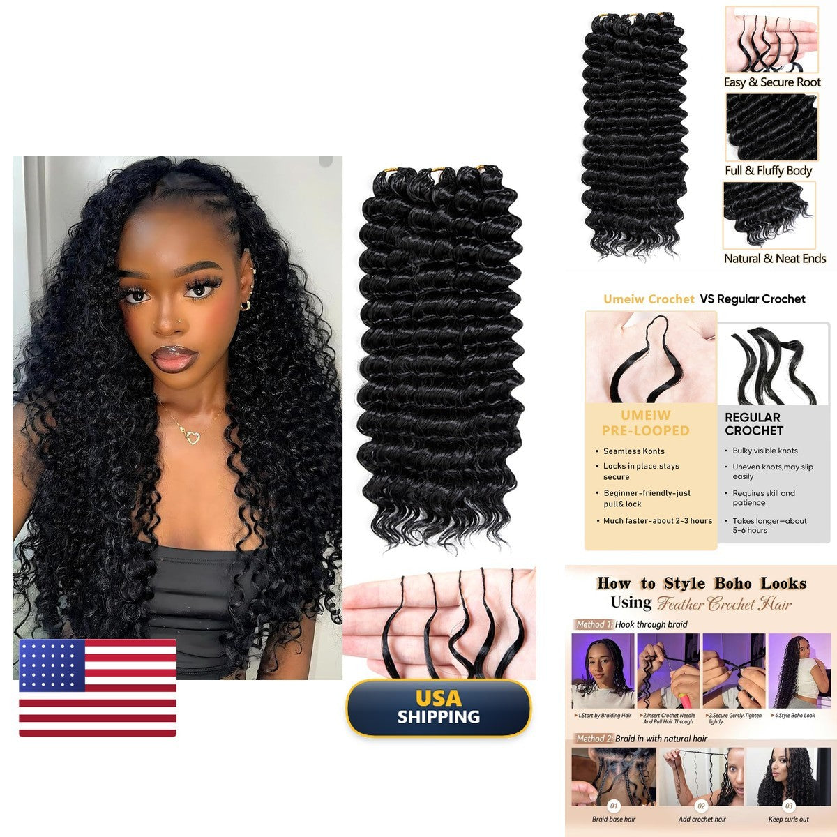 Deep Wave Feather Crochet Hair Extensions 20 Inch 120 Strands for Black Women
