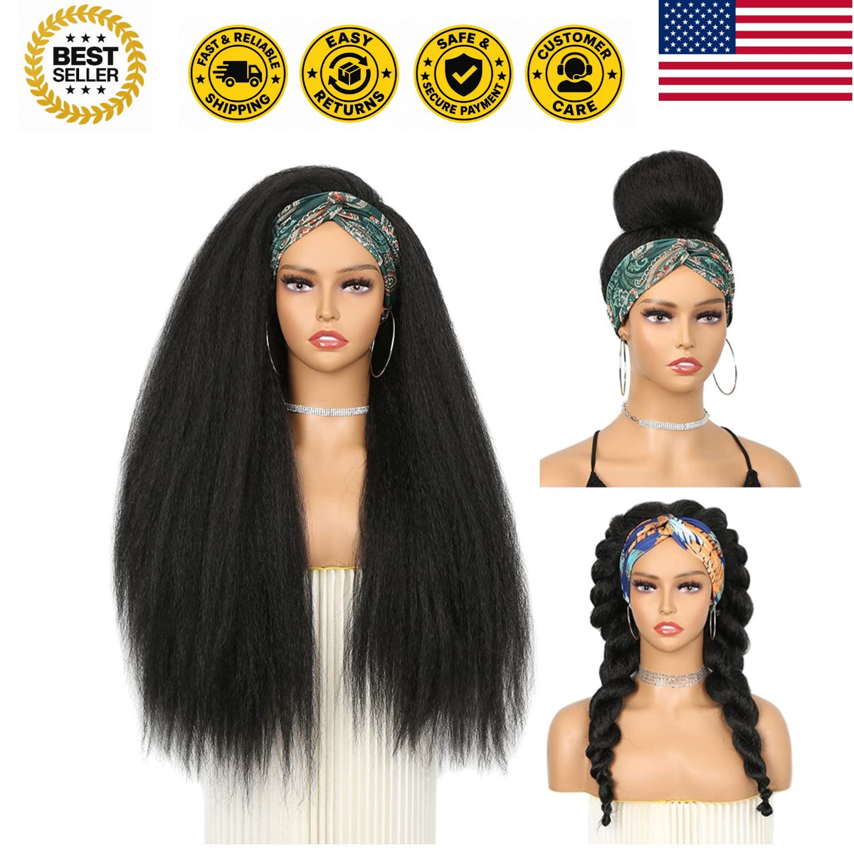 Kinky Straight Headband Wig for Black Women 26 Inch Natural-Look Hair