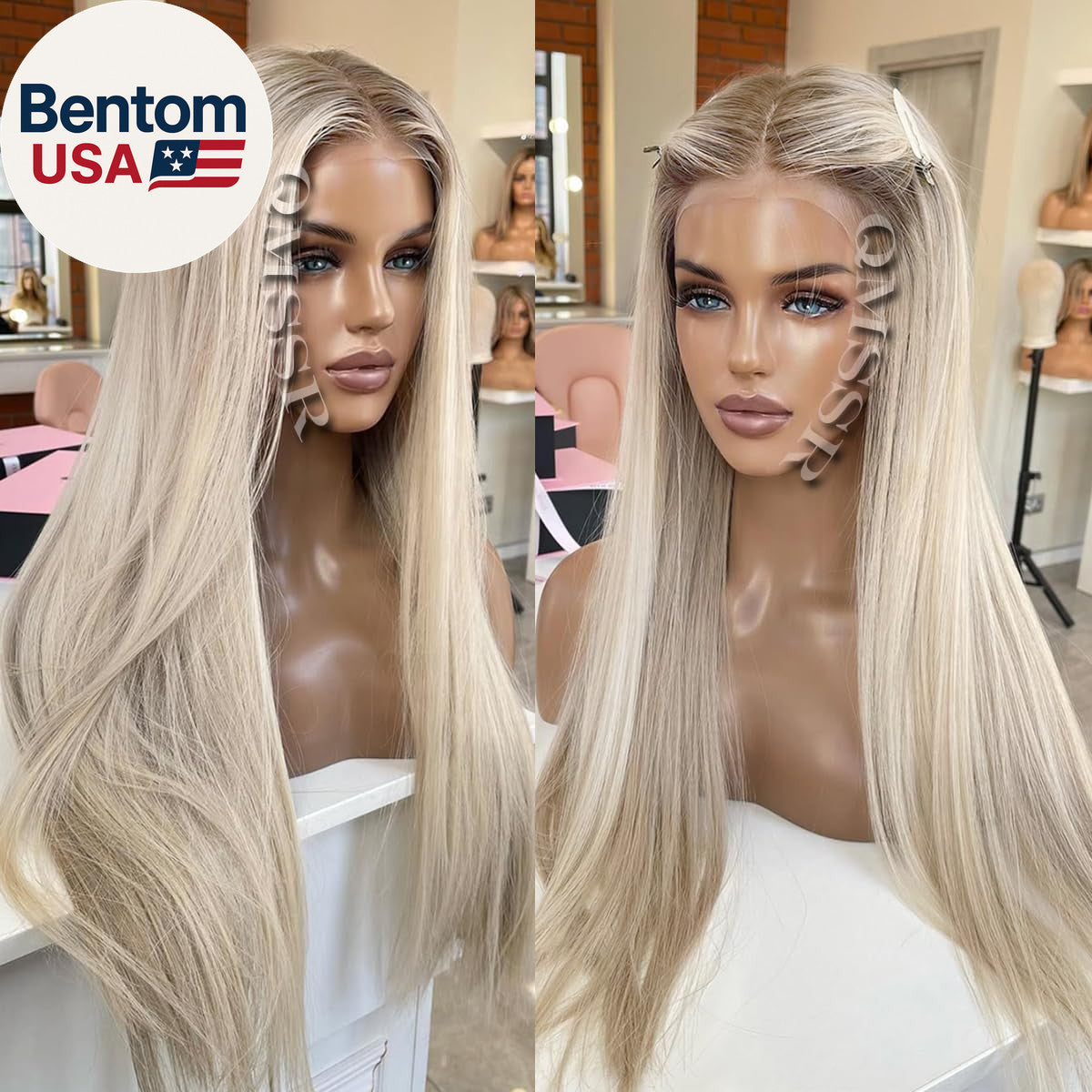 Ash Blonde Synthetic Lace Front Wig Long Straight Heat-Resistant Fiber Hair Ombre