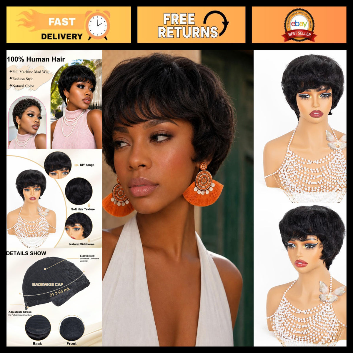 Short Layered Pixie Wig for Black Women - 100% Human Hair Wavy Style
