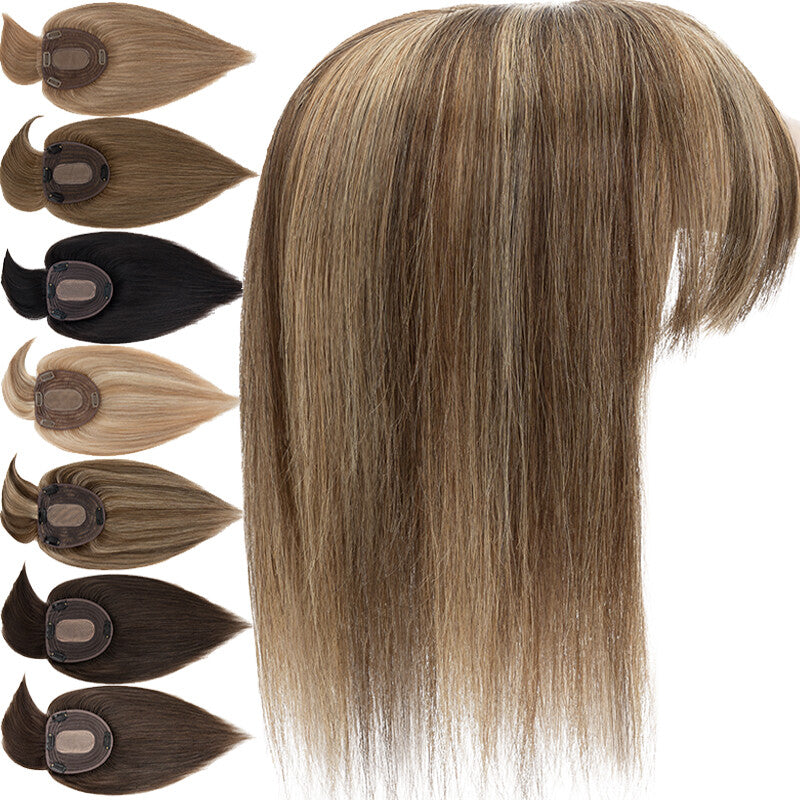 Remy Human Hair Topper Clip-In Hairpiece with Silk Base and Bangs - Multiple Sizes & Colors