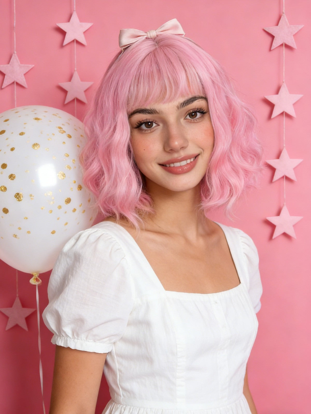 Pink Short Wavy Bob Wig with Flat Bangs - Synthetic Costume Hair for Women