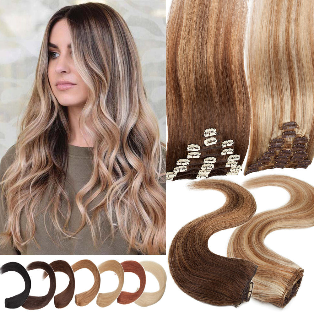 Clip-In Hair Extensions Full Head Remy Human Hair Balayage & Ombre