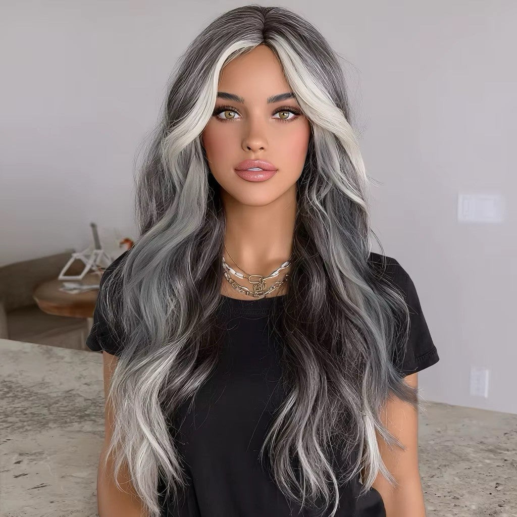 Lace Front 28-Inch Wig for Cosplay Halloween Party Dark Black Roots Gray White