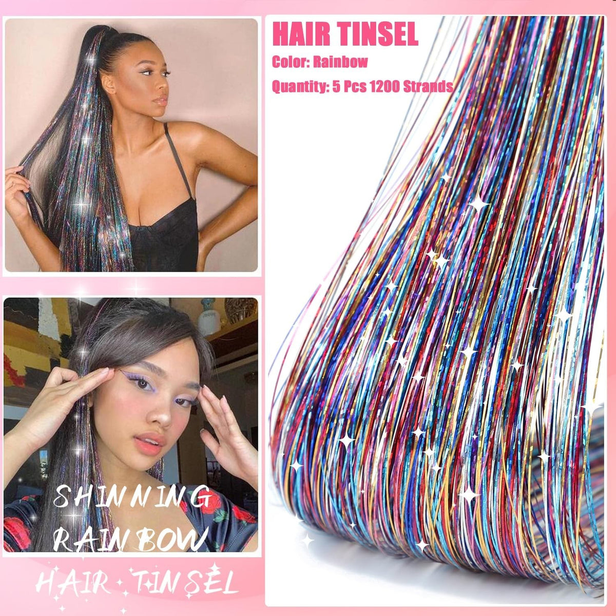 Colorful Tinsel Hair Extensions 48 Inch Heat Resistant & Customizable