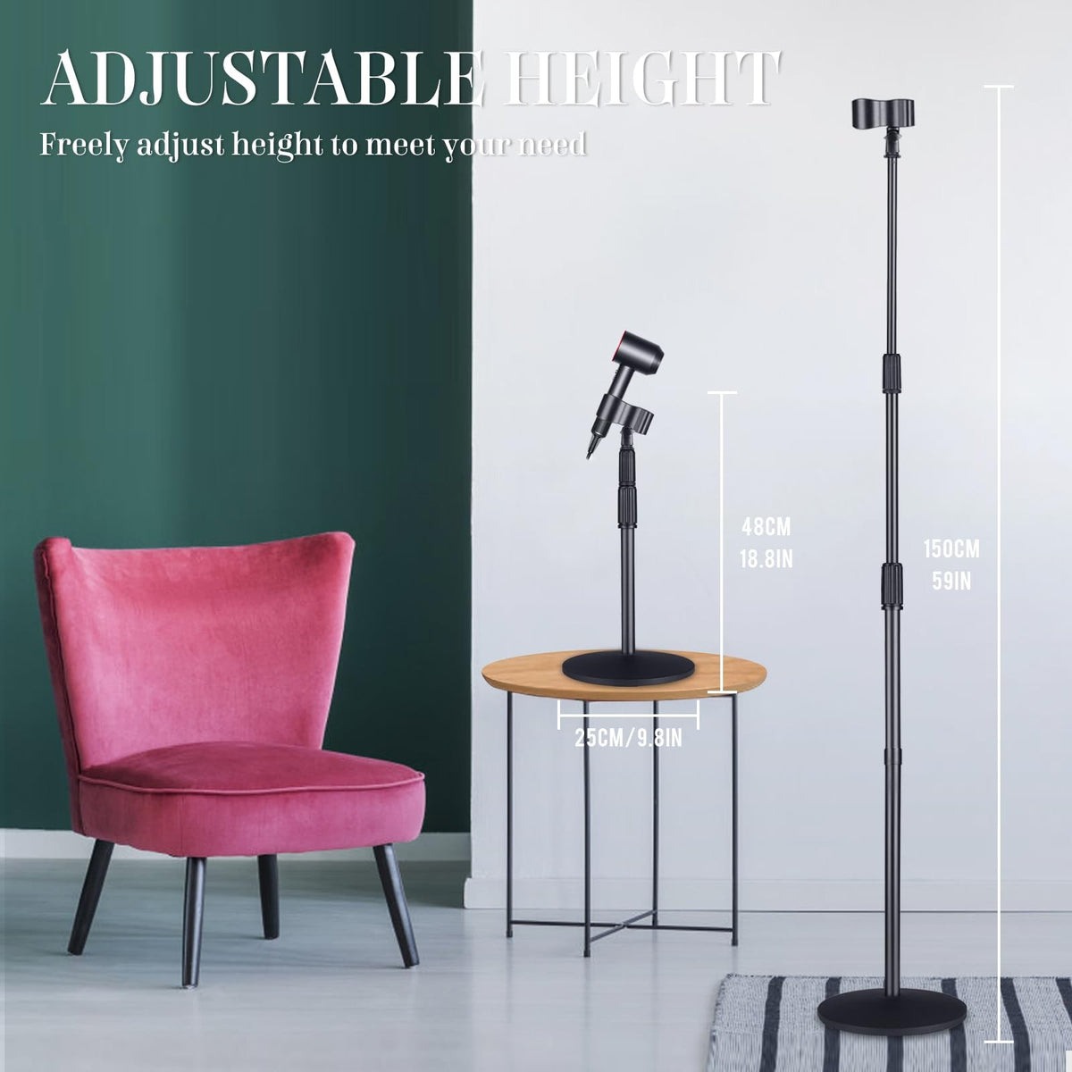Adjustable Hair Dryer Holder Stand - 59in Height, 180° Rotatable, Heavy Duty