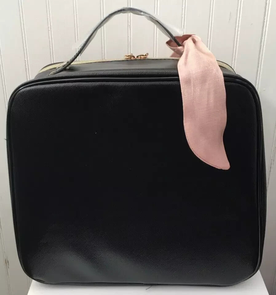 Large Black Travel Makeup Train Case - Double Zipper Cosmetic Bag for Luggage