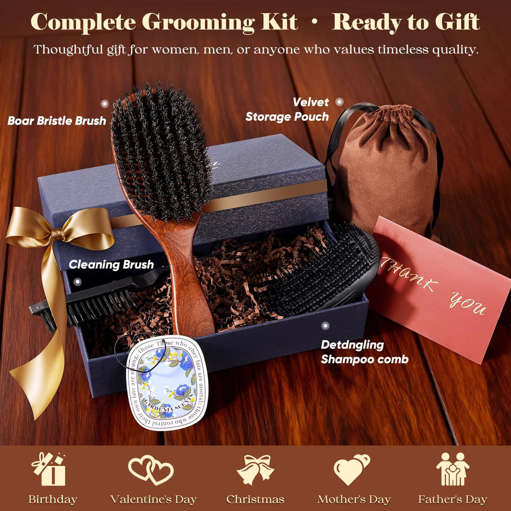 Large Wooden Boar Bristle Hair Brush for Men & Women - Natural Detangler & Styler
