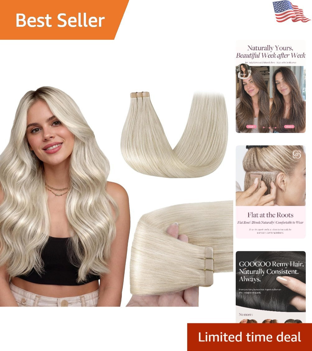 Invisible Tape-In Hair Extensions 18-Inch Platinum Blonde Remy Hair 20 Pieces