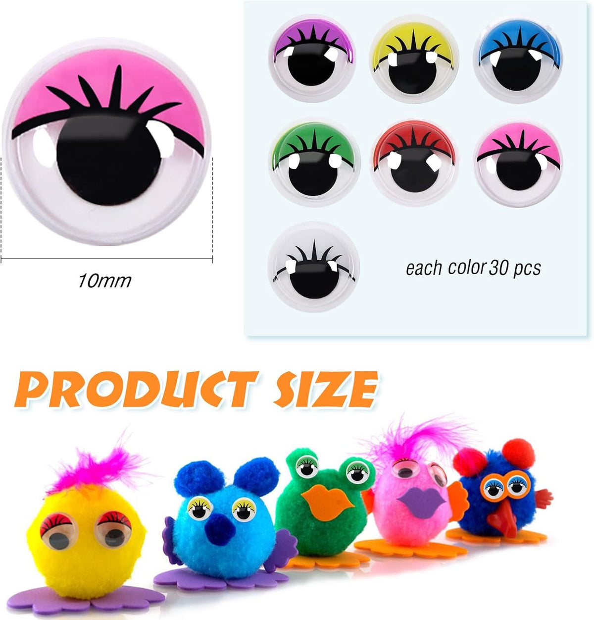 12mm Self-Adhesive Wiggle Eyes with Eyelashes - 210 Pcs Craft Embellishments