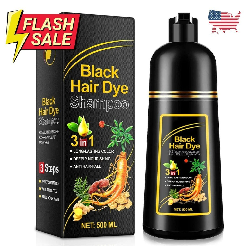 Black Hair Dye Shampoo 3-in-1 Instant Gray Coverage 500mL - Natural Herbal Formula