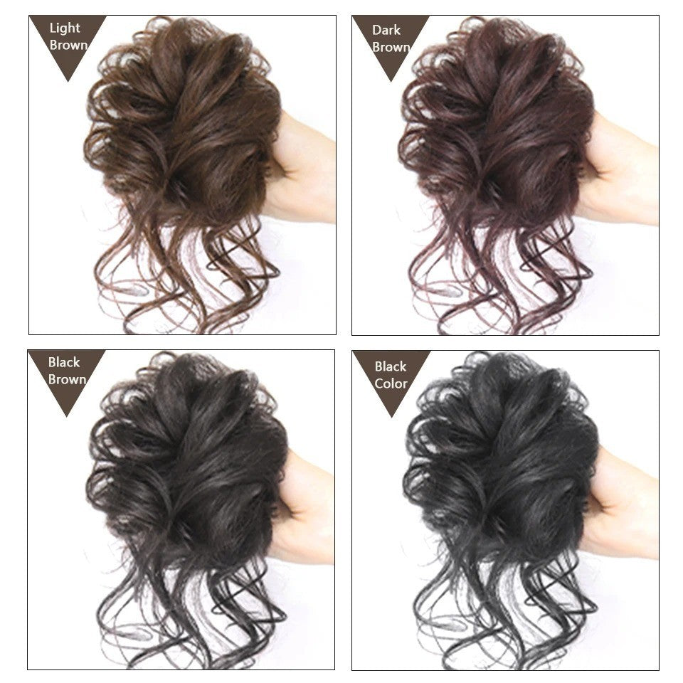 Natural Human Hair Messy Bun Hair Piece with Elastic Scrunchie - Thick & Curly