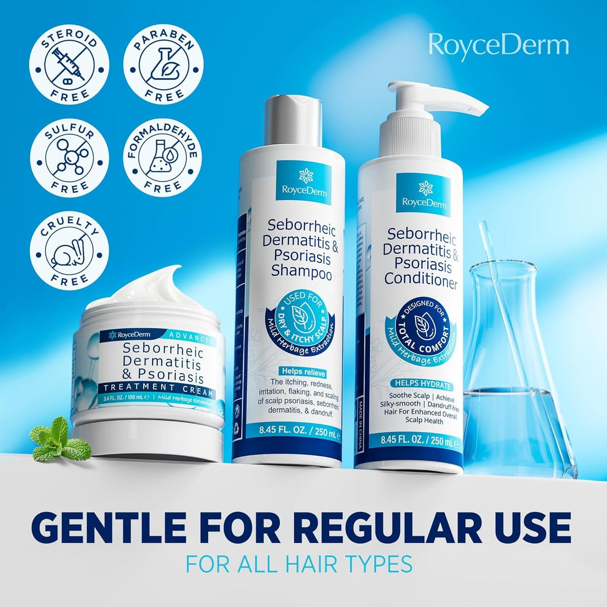 Seborrheic Dermatitis & Psoriasis Care Set - Shampoo, Conditioner & Cream for Scalp Relief