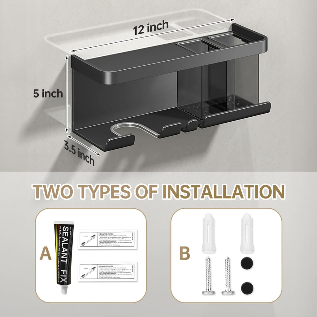 Wall Mount Hair Dryer Organizer with Storage Shelf - Matte Grey