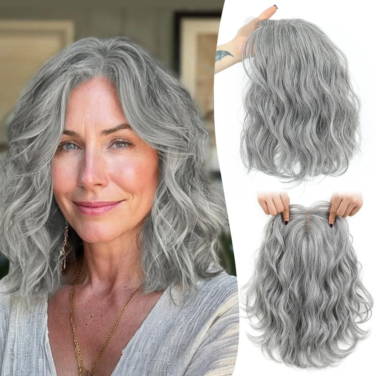 11-Inch Short Wavy Hair Topper for Thinning Hair with Clip-In Base - Natural Synthetic, Silver Grey