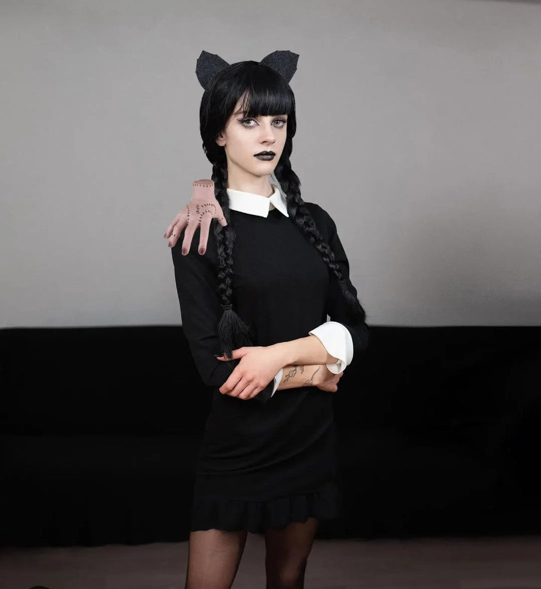 Wednesday Addams Costume Wig Set with Hand Necklace & Headband - Black Braided Cosplay