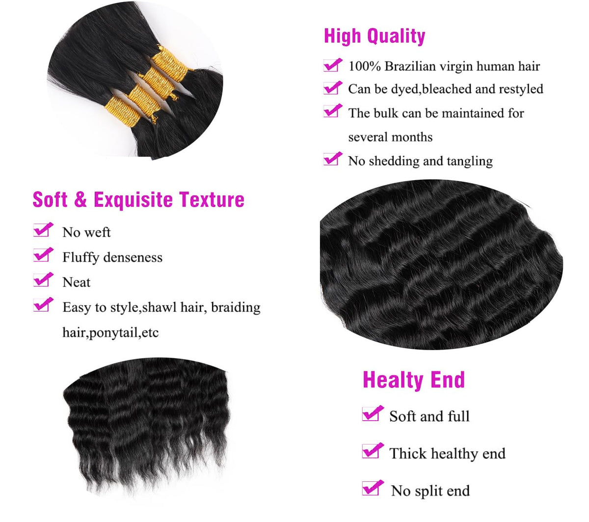 16 Inch Black Human Hair Extensions Wet & Wavy Braiding Hair 100G