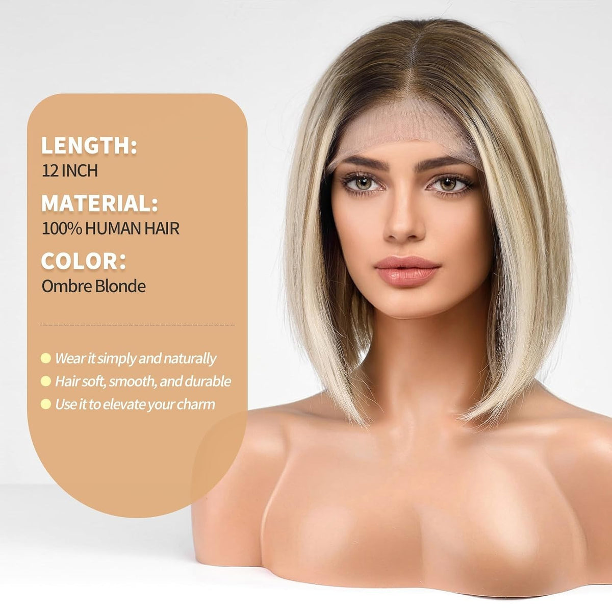 12 Inch Ombre Blonde Brown Human Hair Wig for Women - Short Lace Front Bob