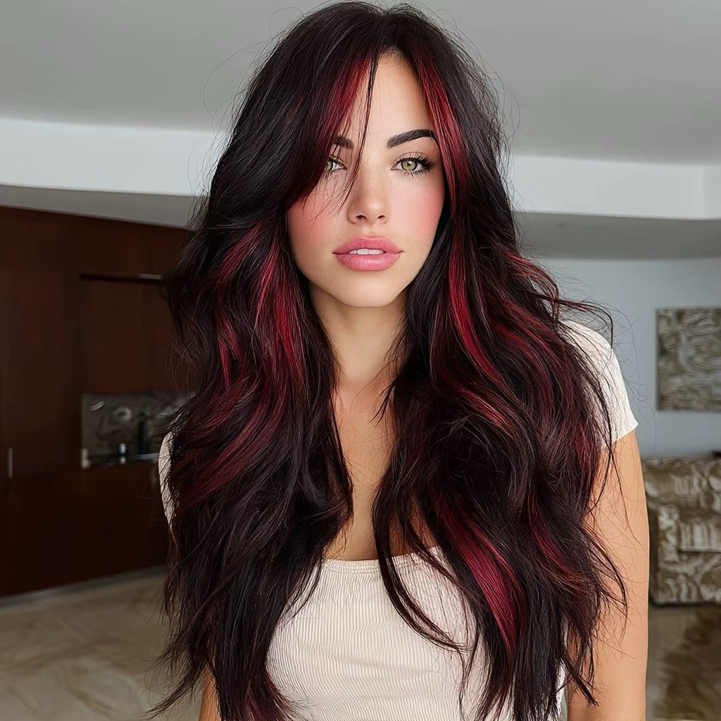 Long Wavy Lace Front Curly Wig with Red Gradient Highlights - 28 Inch Goth Style