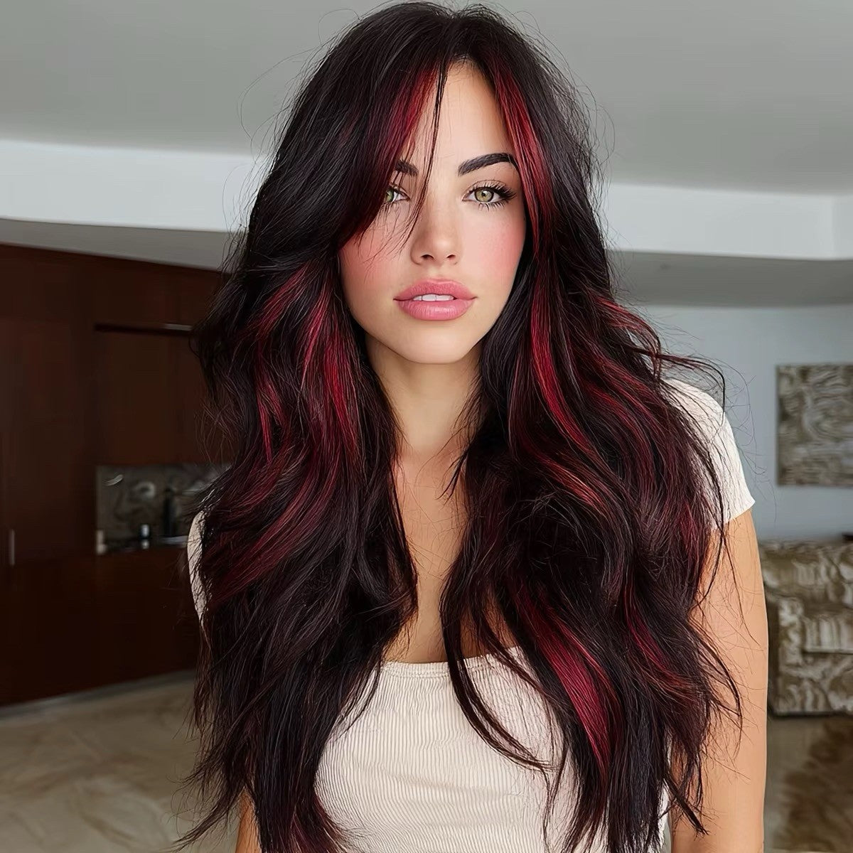Long Wavy Lace Front Curly Wig with Red Gradient Highlights - 28 Inch Goth Style