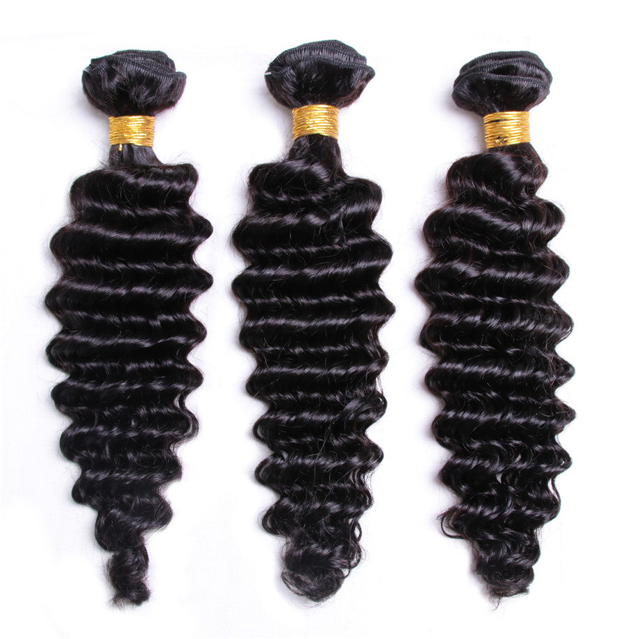 Virgin Human Hair Extensions 3 Bundles with Free Part Lace Closure Deep Wave