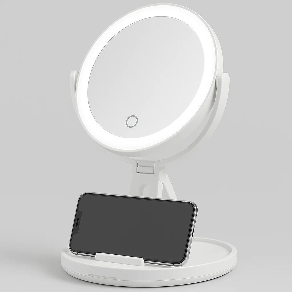 Dual-Sided LED Travel Makeup Mirror with Phone Stand