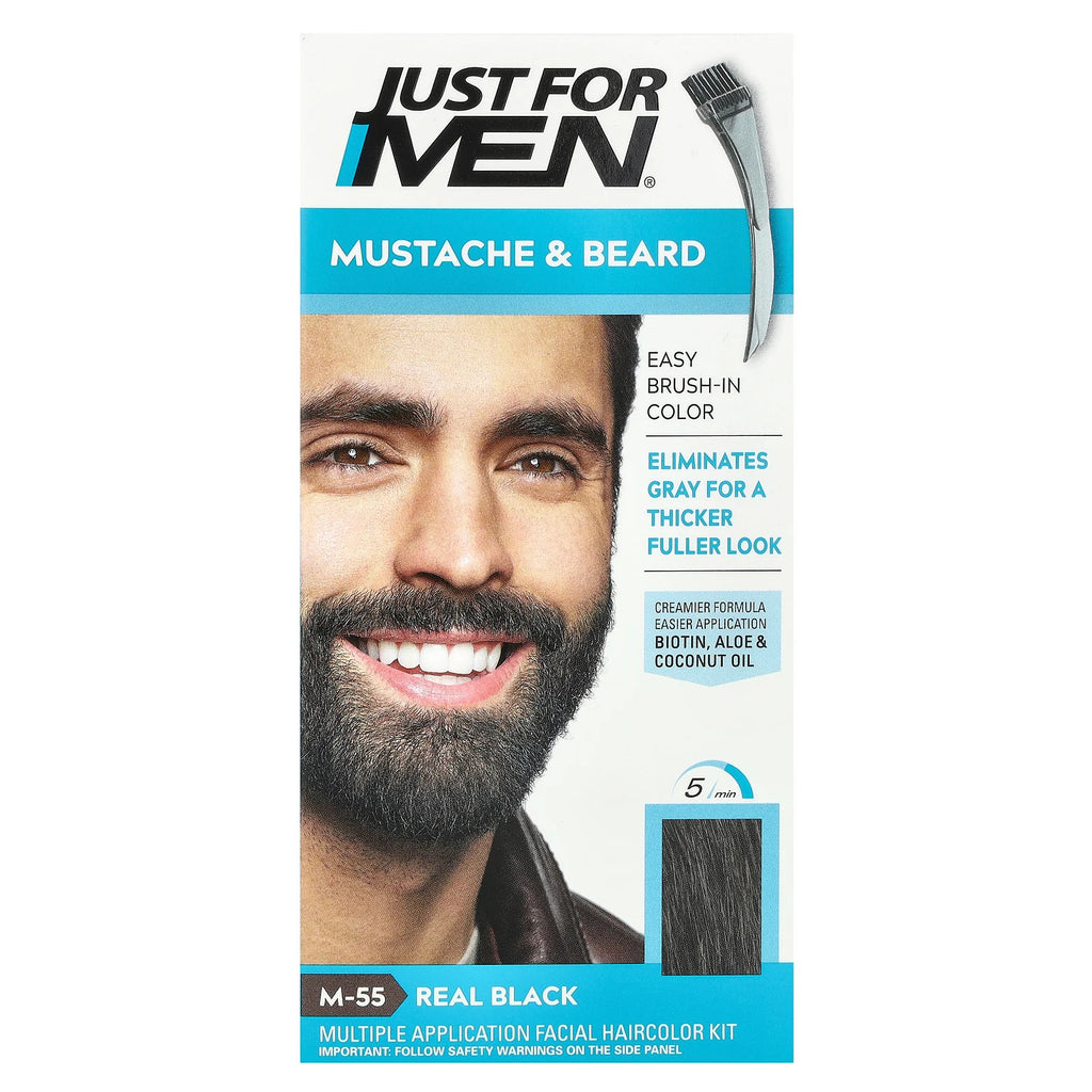 Men's Beard & Mustache Coloring Kit - Natural Black, Easy Brush-In, 5 Min