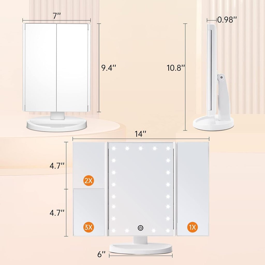 Tri-Fold Lighted Makeup Mirror with LED Lights and Touch Dimming