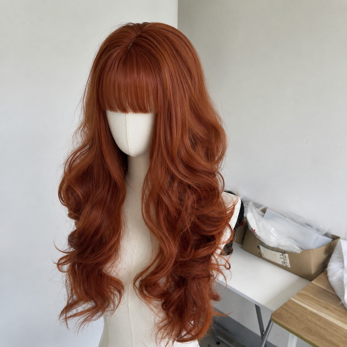 Red Long Wavy Synthetic Hair Wig with Bangs - Heat Resistant Dress Up Hairpiece