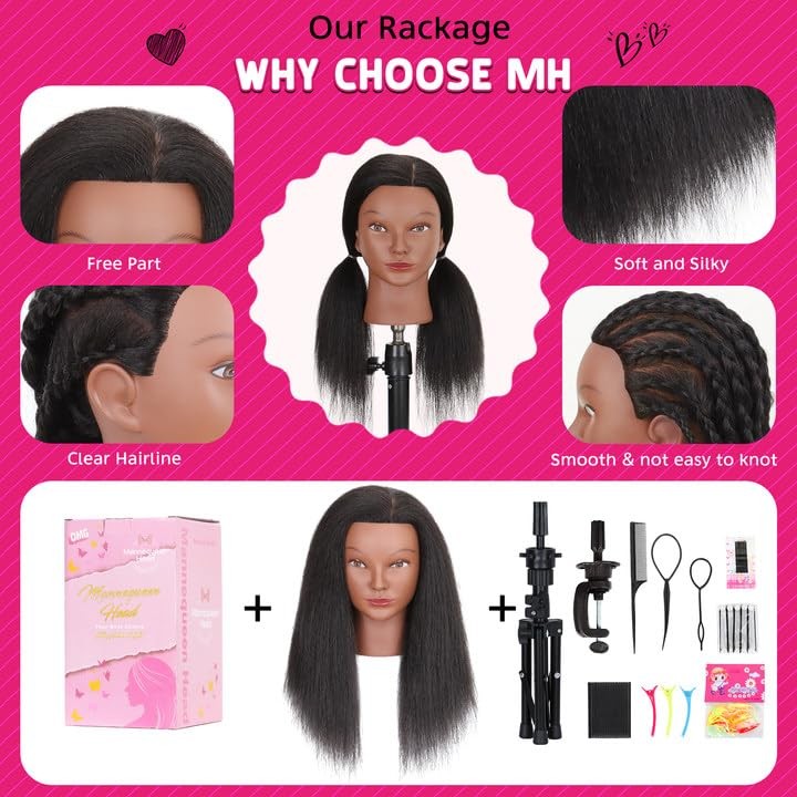 Mannequin Head with Human Hair 16 Inch Tripod Set for Hair Styling & Education