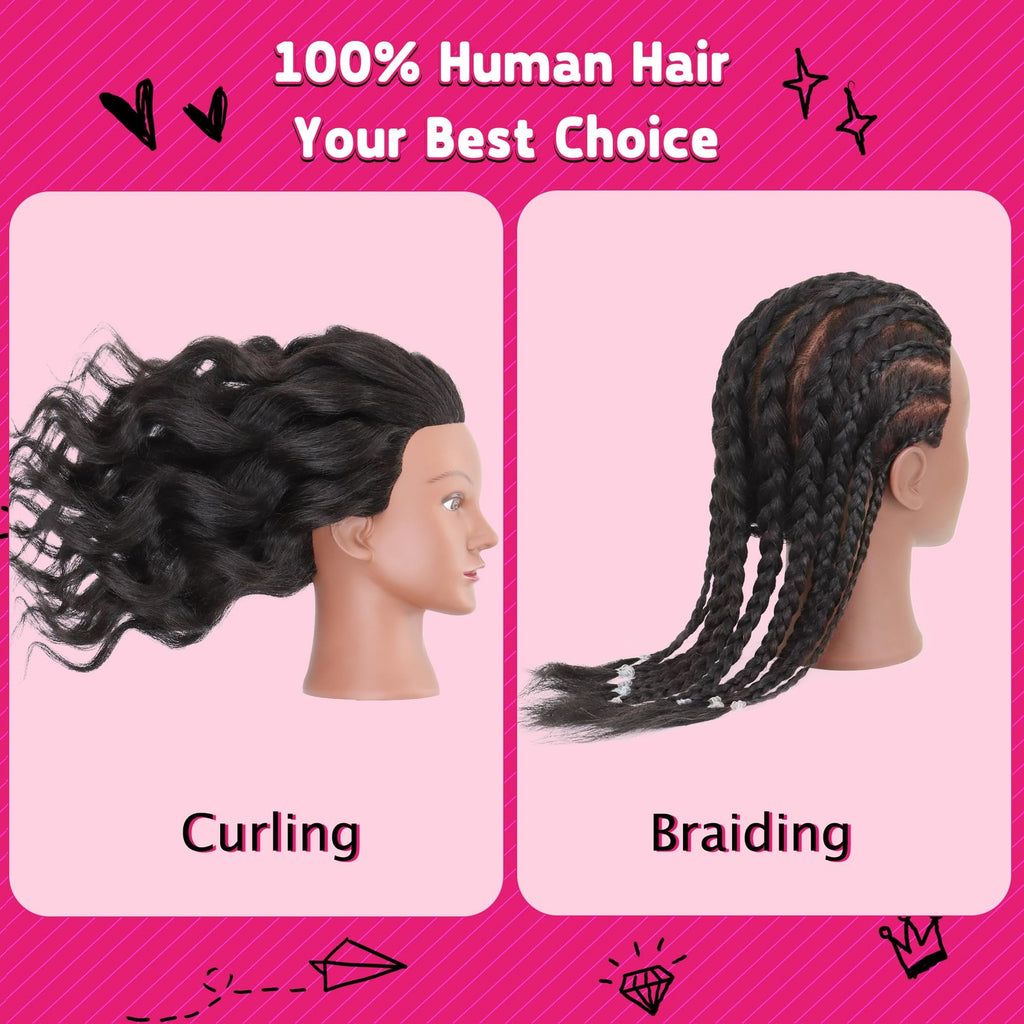 Mannequin Head with Human Hair 16 Inch Tripod Set for Hair Styling & Education
