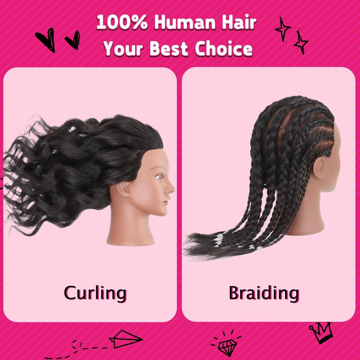 Mannequin Head with Human Hair 16 Inch Tripod Set for Hair Styling & Education