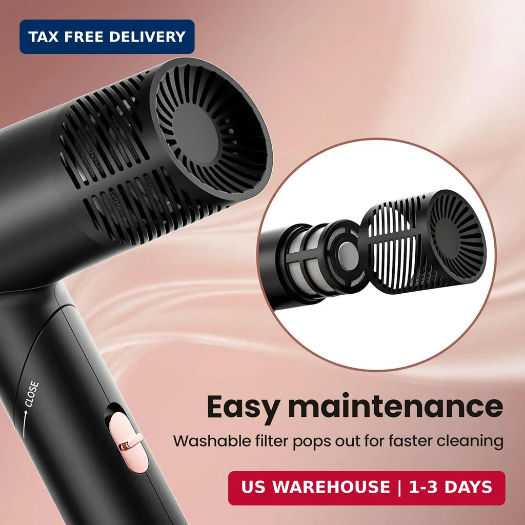 Foldable Travel Hair Dryer with Diffuser - Ionic, Fast Drying, 110,000 RPM