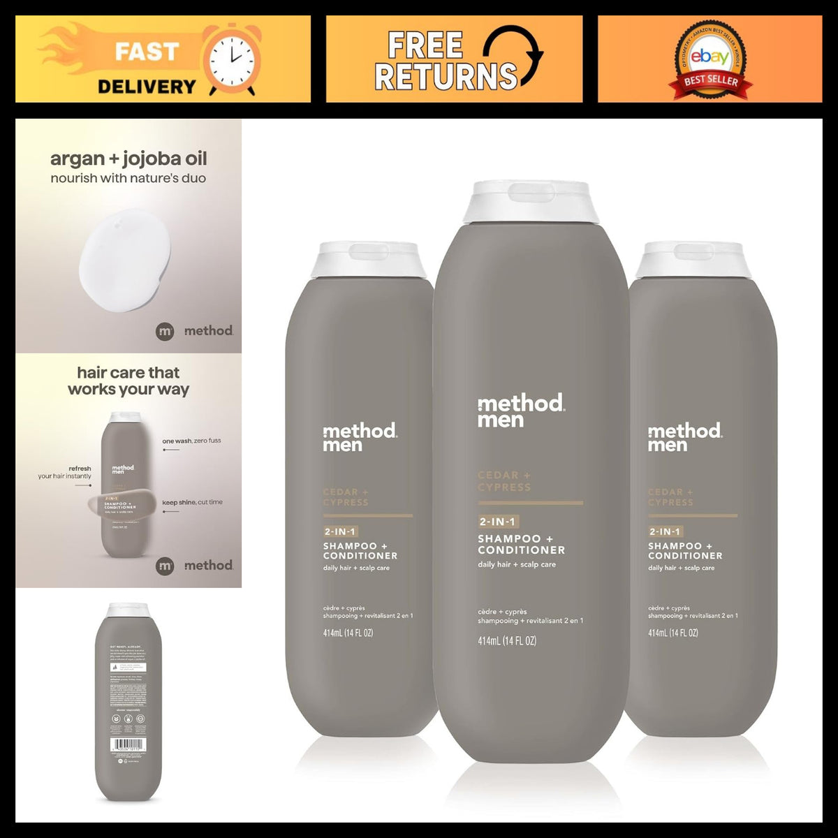 Men's 2-in-1 Cedar Cypress Shampoo & Conditioner Set – 14 oz, Pack of 3