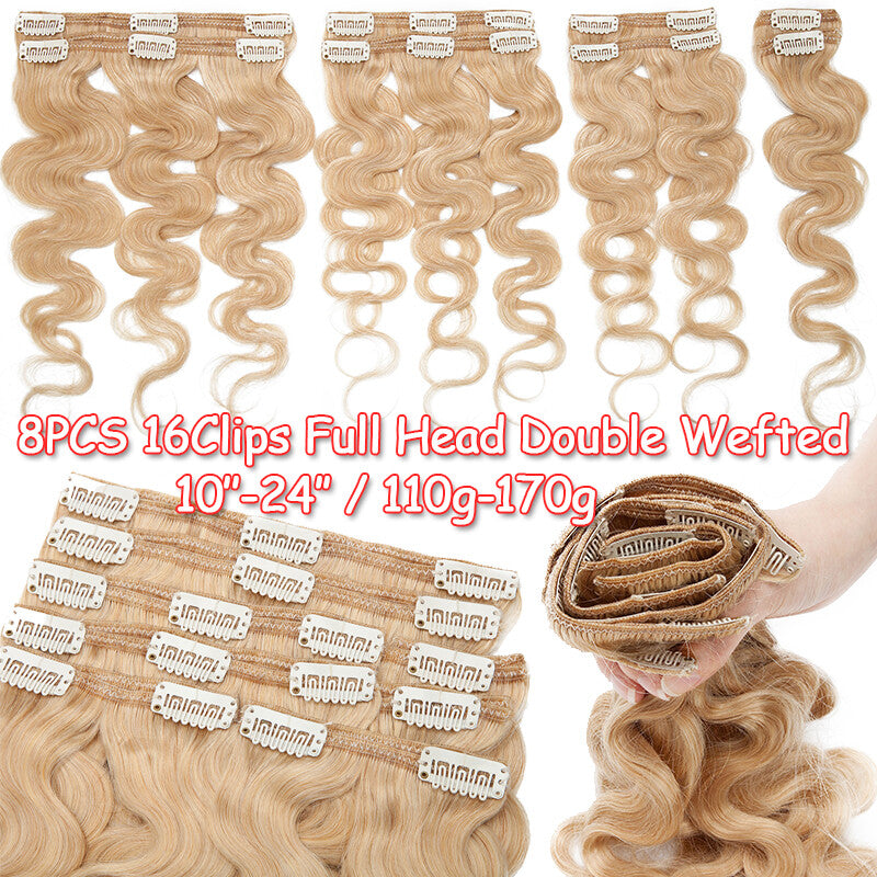 Remy Clip-In Hair Extensions Full Head Set - Blonde, Brown, Black, Wavy & Straight