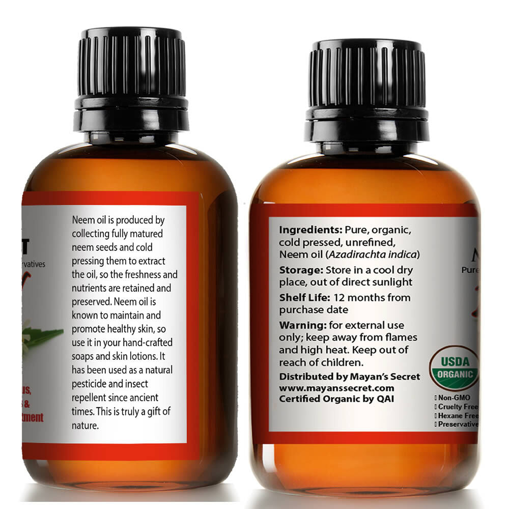 Organic Neem Oil for Hair & Skin - Cold Pressed & USDA Certified