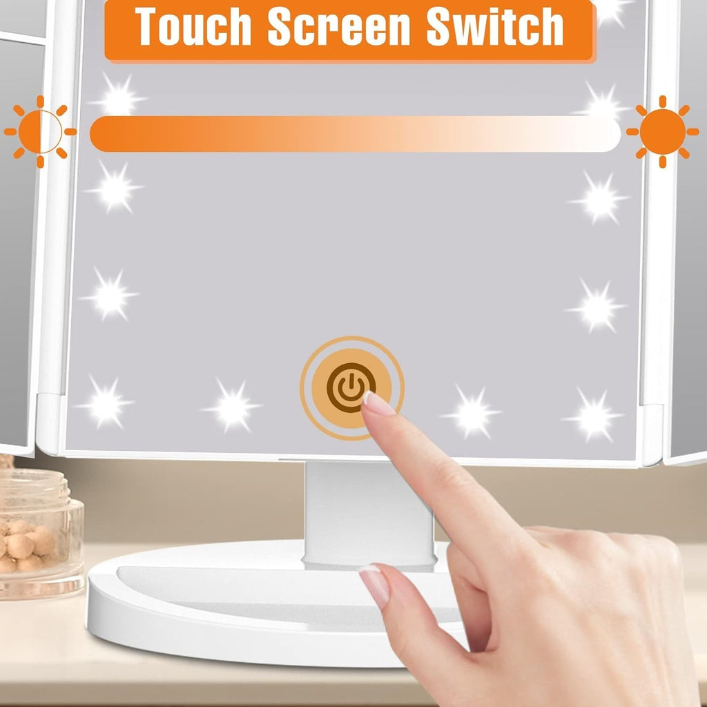 Tri-Fold Lighted Makeup Mirror with LED Lights and Touch Dimming