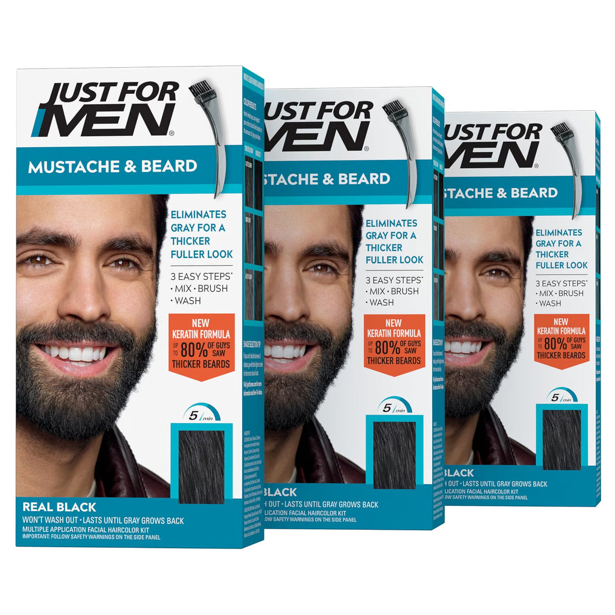 Men's Beard & Mustache Hair Color - Real Black, 3-Pack, Easy to Use