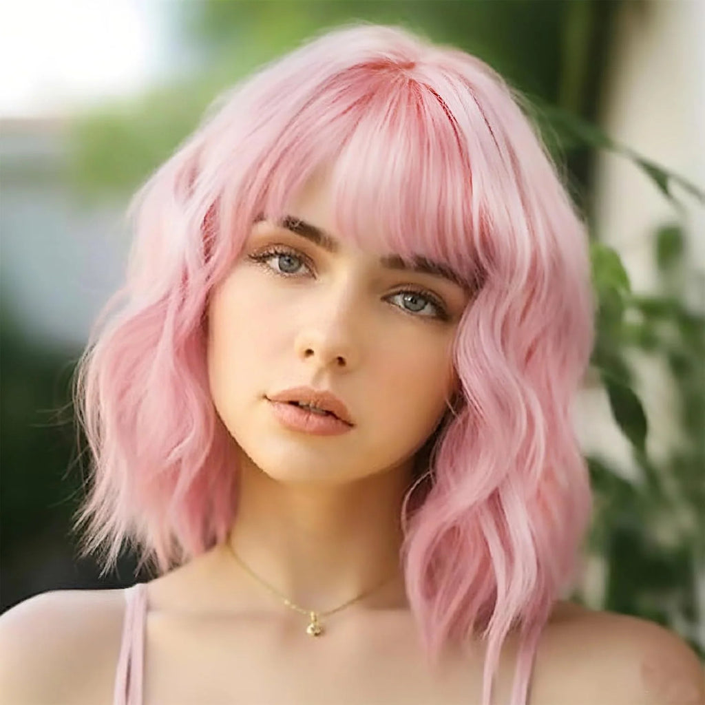 Pink Short Wavy Bob Synthetic Wig with Bangs for Women - Natural Look & Adjustable Fit