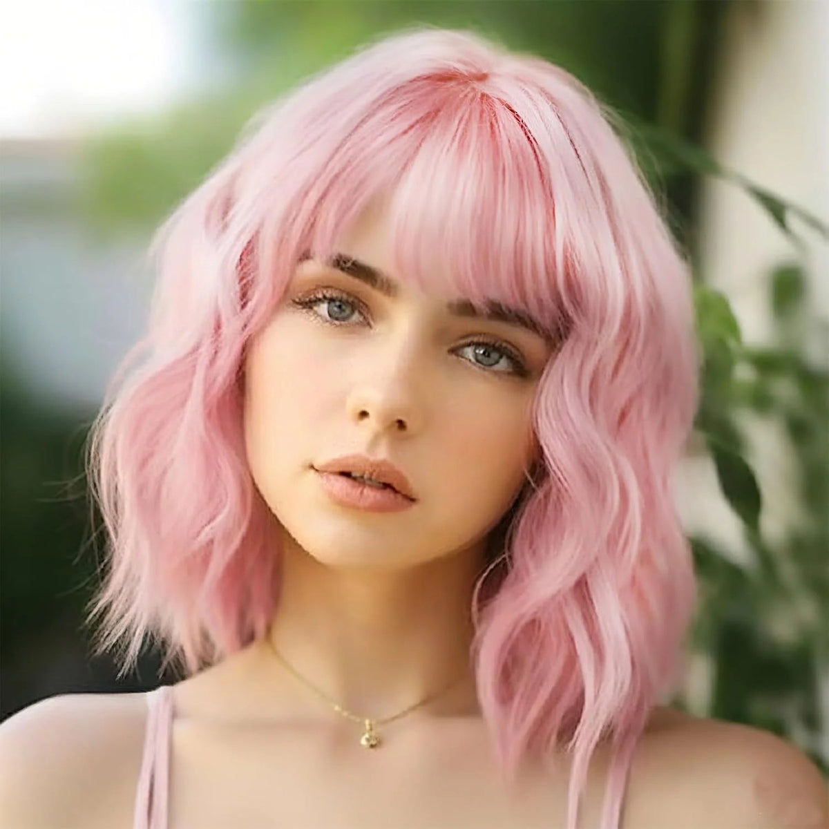 Pink Short Wavy Bob Synthetic Wig with Bangs for Women - Natural Look & Adjustable Fit