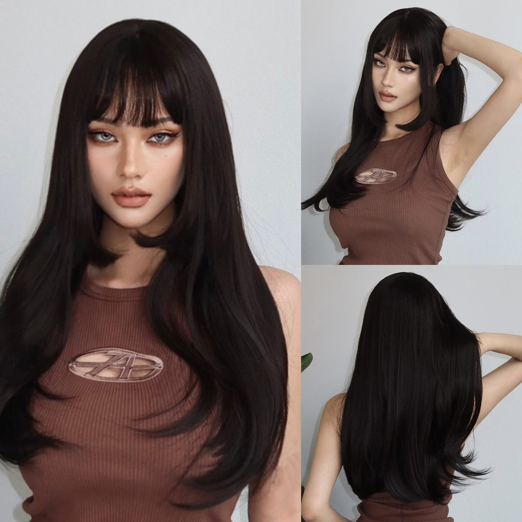Black Synthetic Wig with Bangs - Long Straight Cosplay Hair for Beginners