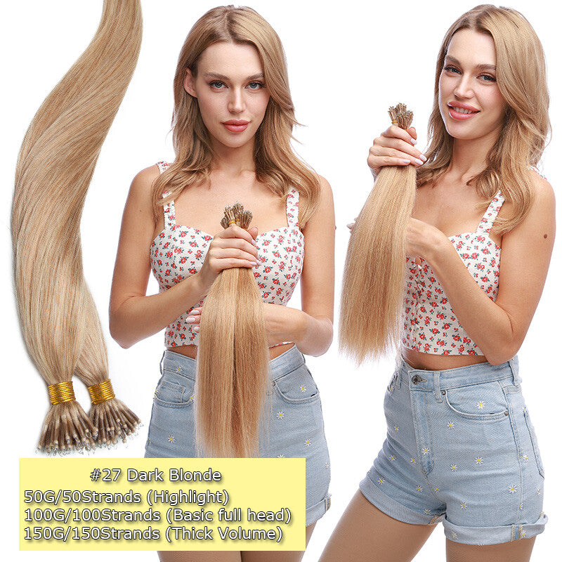 Thick 150PCS Remy Human Hair Extensions Nano Ring Beads Micro Loop 14-24 Inch