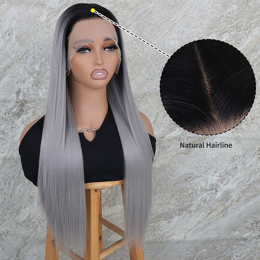 Gray Ombre Lace Front Wig - Synthetic Heat Safe Long Straight Pre Plucked 13x4