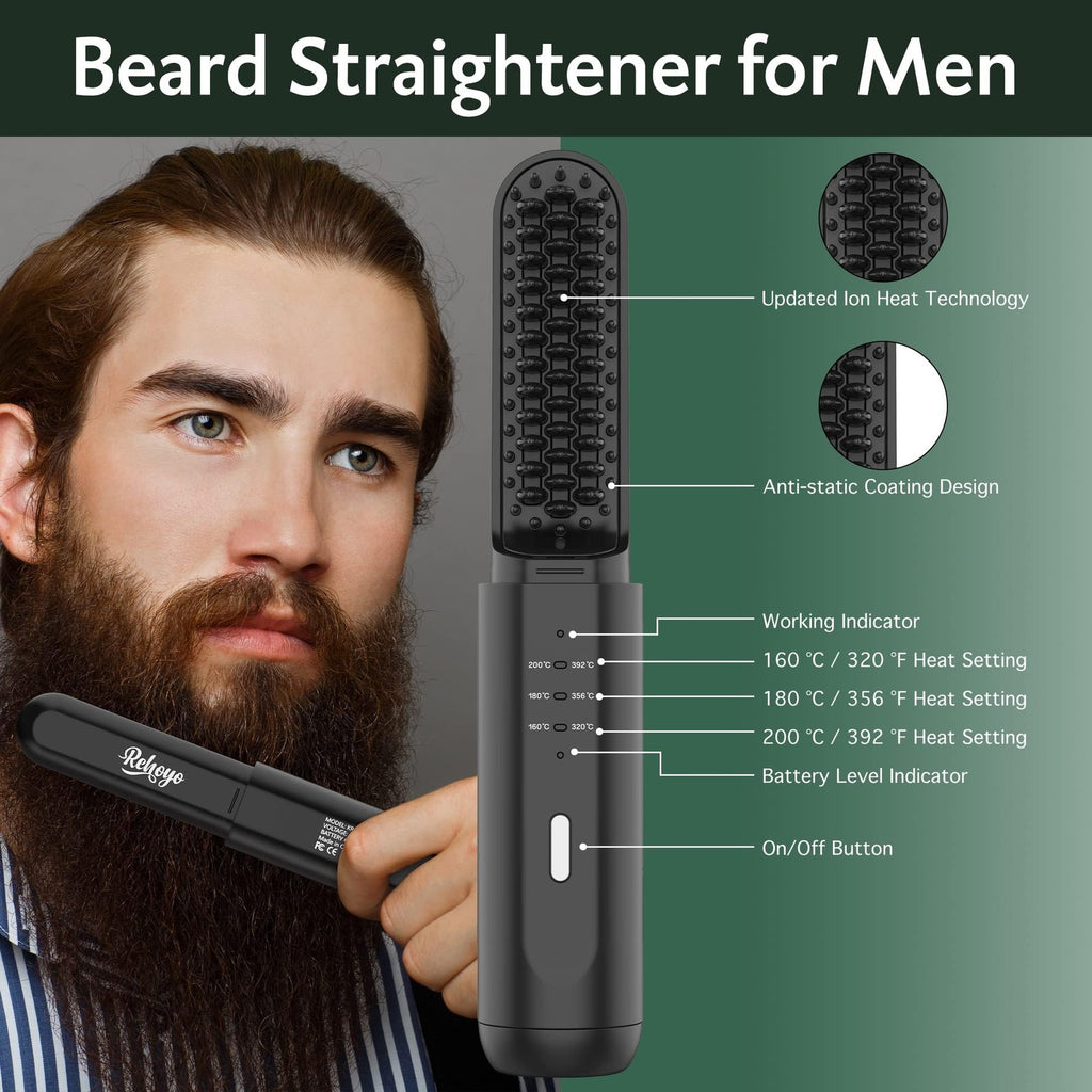 Cordless Beard Straightener Heated Brush for Travel & Home - Ionic, Adjustable Temp