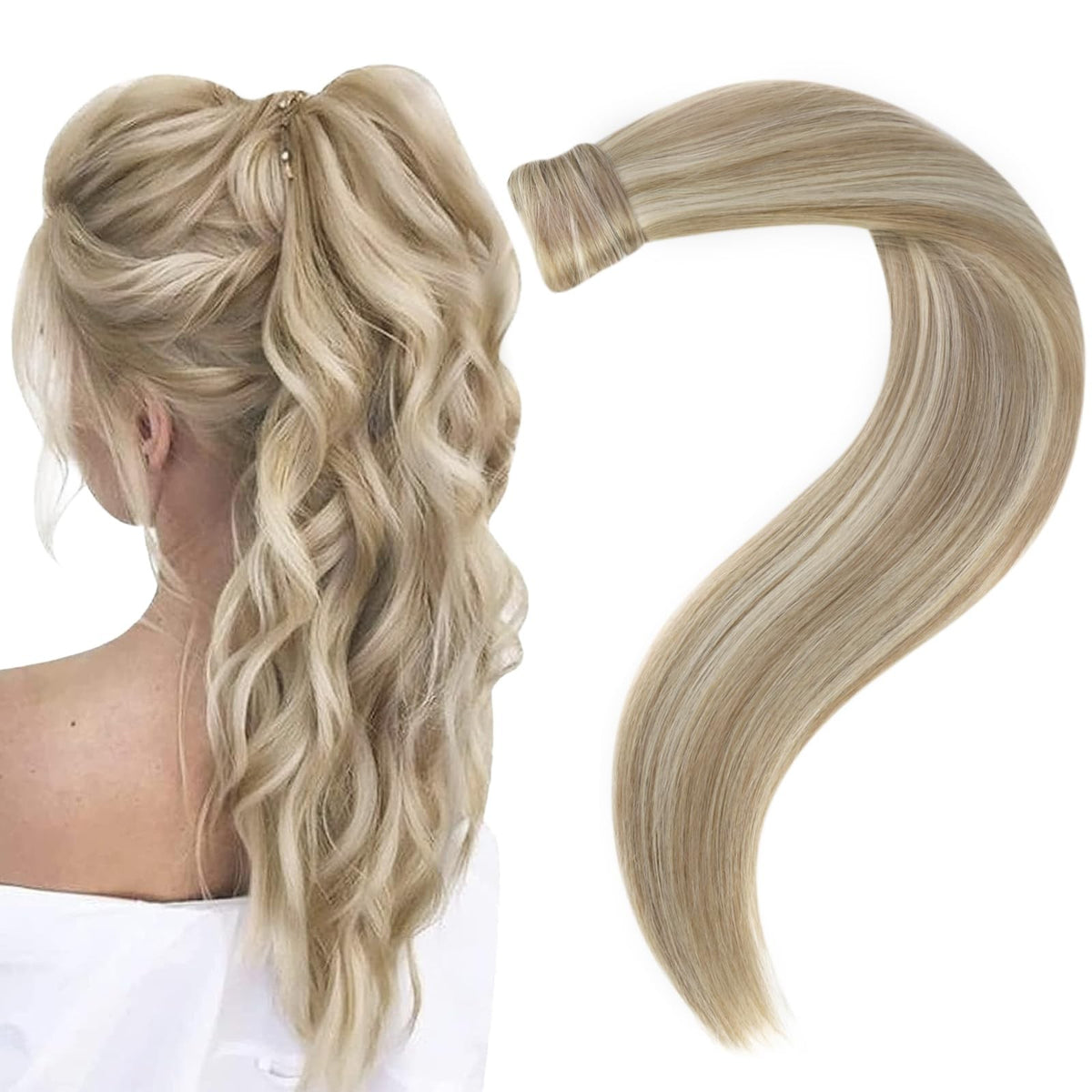 12-Inch Golden Blonde Human Hair Ponytail Extension - Easy Application