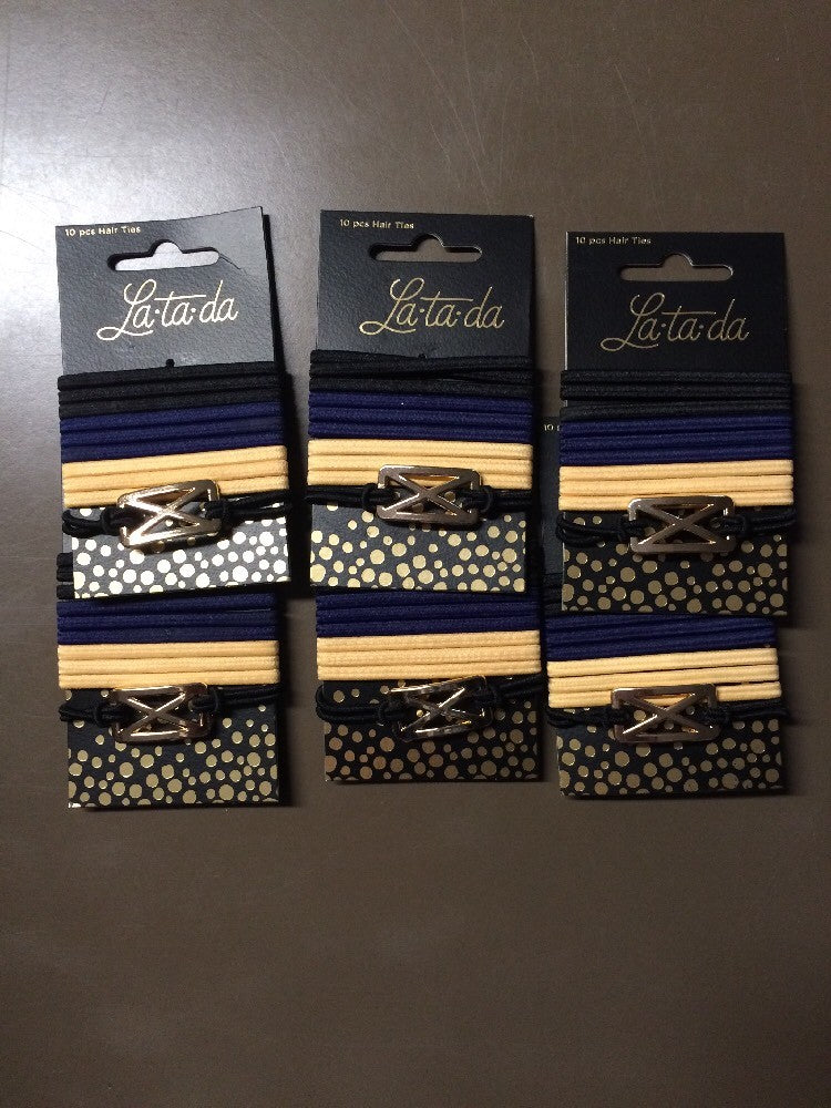 10-Piece Hair Ties Set with Gold-Tone Holders - Black, Navy, Tan, Lot of 8 Packs